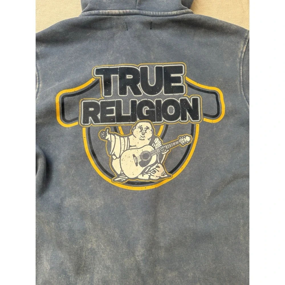 True Religion Hoodie Mens Medium Blue Washed Zip Sweatshirt Buddha Graphic